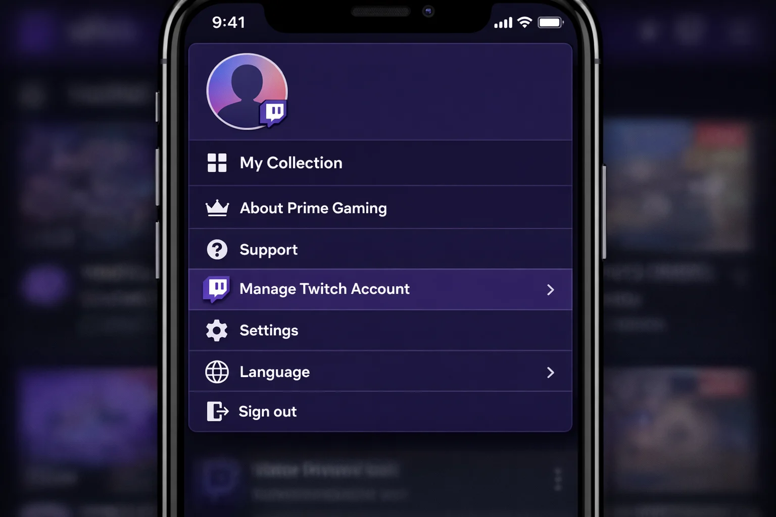 Twitch iOS ایپ سیٹنگز اسکرین جس میں اکاؤنٹ کے اختیارات بشمول Prime Gaming کنکشن کے اختیارات دکھائے جاتے ہیں۔