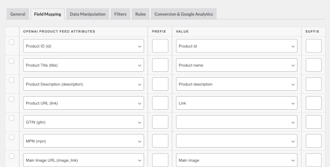پروڈکٹ ڈیٹا فیلڈ میپنگ