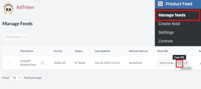 پروڈکٹ فیڈ کا URL کاپی کریں۔
