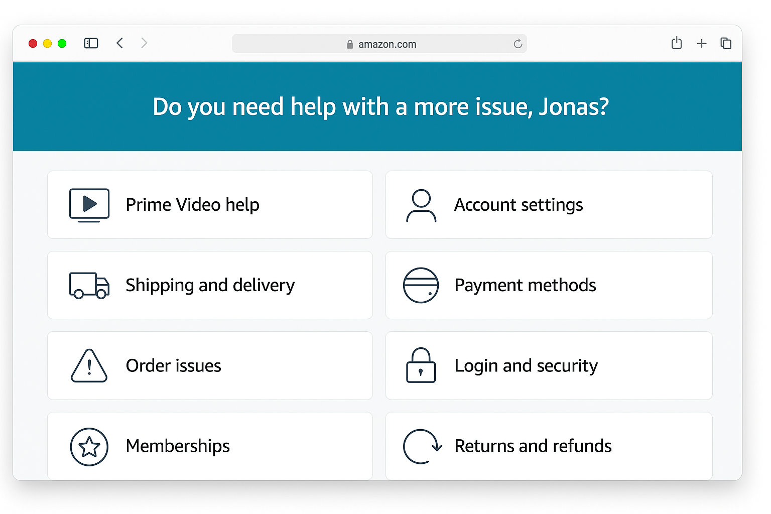 ایمیزون سپورٹ رابطہ صفحہ پرائم ویڈیو مدد کے اختیارات دکھا رہا ہے۔