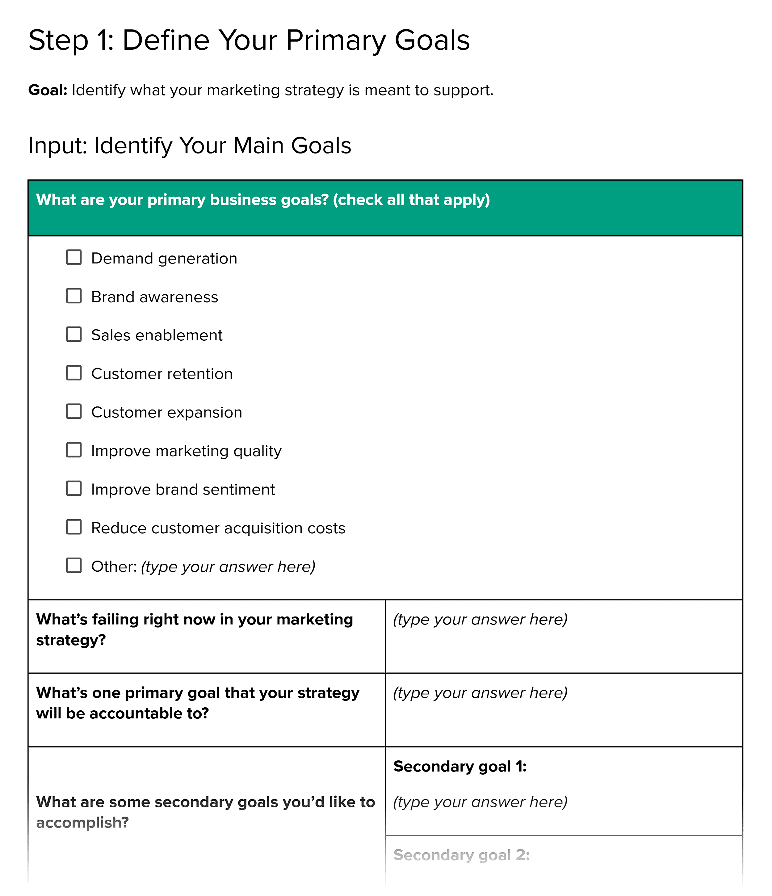 مارکیٹنگ کی حکمت عملی ورک بک – مرحلہ 1