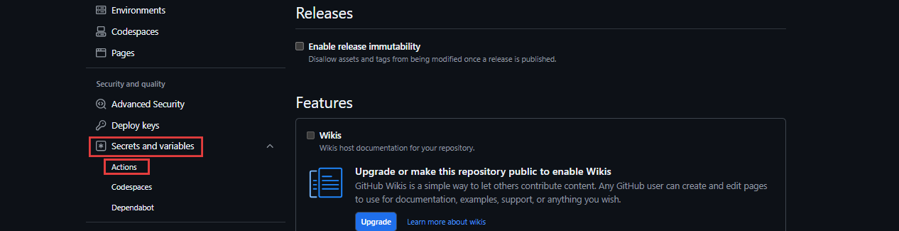 گٹ ہب ریپوزٹری سیٹنگ سائڈبار منتخب کردہ ایکشن کے ذریعے پھیلائے گئے راز اور متغیرات کو دکھاتی ہے۔
