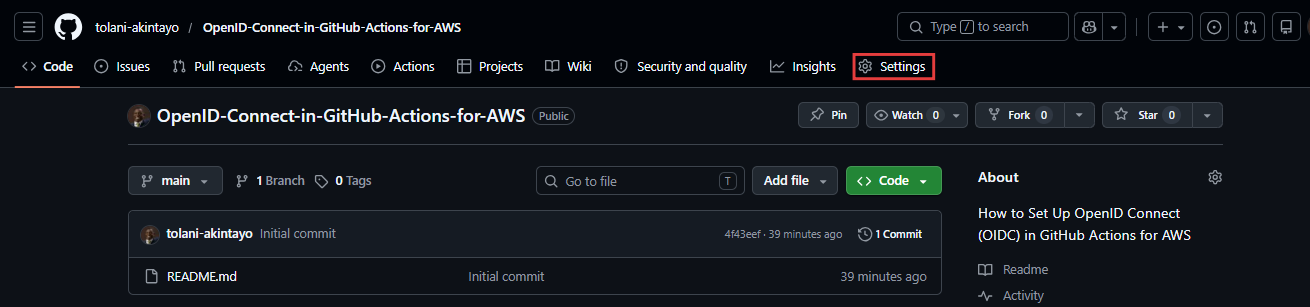 GitHub ریپوزٹری ٹاپ نیویگیشن بار جس میں سیٹنگز ٹیب کو ہائی لائٹ کیا گیا ہے۔