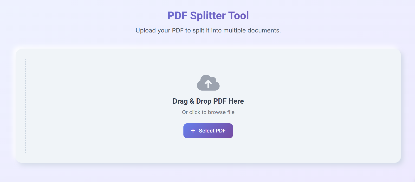 جاوا اسکرپٹ کا استعمال کرتے ہوئے براؤزر میں پی ڈی ایف فائلوں کو کیسے تقسیم کیا جائے (مرحلہ بہ قدم) 1 پی ڈی ایف اسپلٹر انٹرفیس پی ڈی ایف سلیکشن بٹن کے ساتھ ڈریگ اینڈ ڈراپ اپ لوڈ ایریا دکھا رہا ہے۔