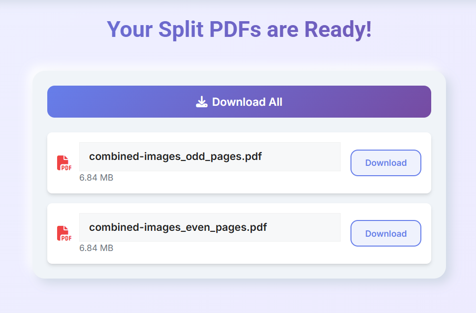 جاوا اسکرپٹ کا استعمال کرتے ہوئے براؤزر میں پی ڈی ایف فائلوں کو کیسے تقسیم کیا جائے (مرحلہ بہ قدم) 5 پی ڈی ایف اسپلٹر کا نتیجہ جس میں ڈاؤن لوڈ بٹن اور ڈاؤن لوڈ کے تمام اختیارات کے ساتھ بنائی گئی متعدد فائلیں دکھائی دیتی ہیں۔
