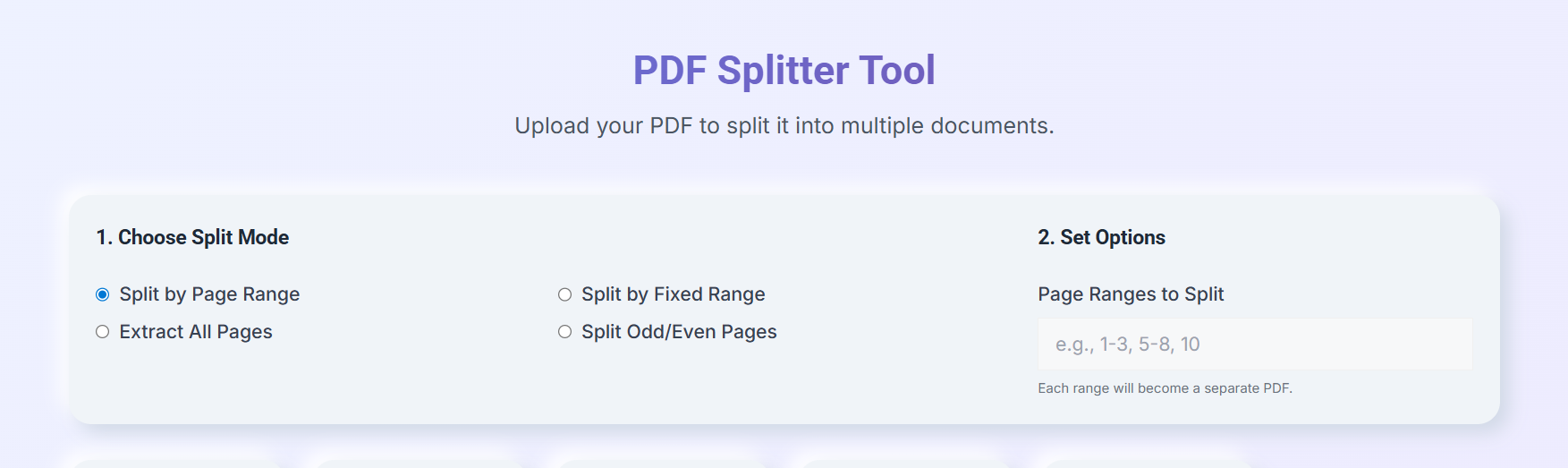 جاوا اسکرپٹ کا استعمال کرتے ہوئے براؤزر میں پی ڈی ایف فائلوں کو کیسے تقسیم کیا جائے (مرحلہ بہ قدم) 3 پی ڈی ایف اسپلٹر سیٹنگز بشمول پیج رینج، تمام پیجز، فکسڈ رینج، اوڈ یا ایون پیج سپلٹنگ آپشنز