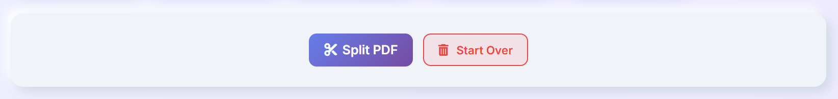 جاوا اسکرپٹ کا استعمال کرتے ہوئے براؤزر میں پی ڈی ایف فائلوں کو کیسے تقسیم کیا جائے (مرحلہ بہ قدم) 4 پی ڈی ایف اسپلٹر انٹرفیس پی ڈی ایف اسپلٹ بٹن اور ری اسٹارٹ آپشن دکھا رہا ہے۔