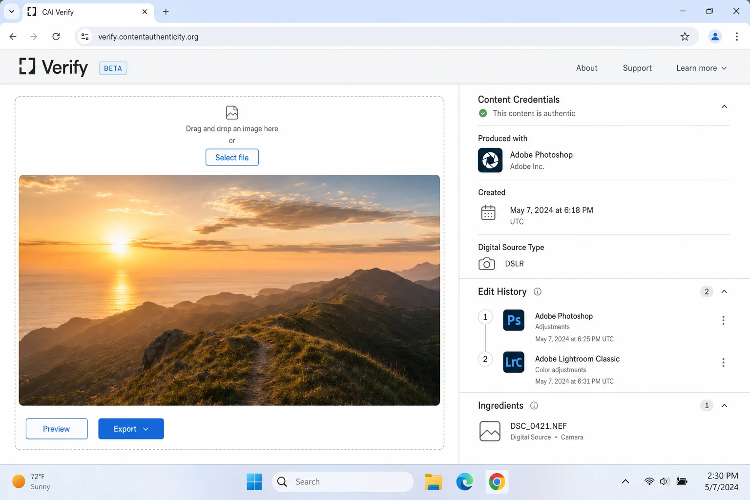 C2PA توثیقی ٹول انٹرفیس تصویر اپ لوڈ ایریا کی مثال دکھا رہا ہے اور تخلیق کے آلے کے ساتھ نتائج کے پینل اور ایڈٹ ہسٹری فیلڈز