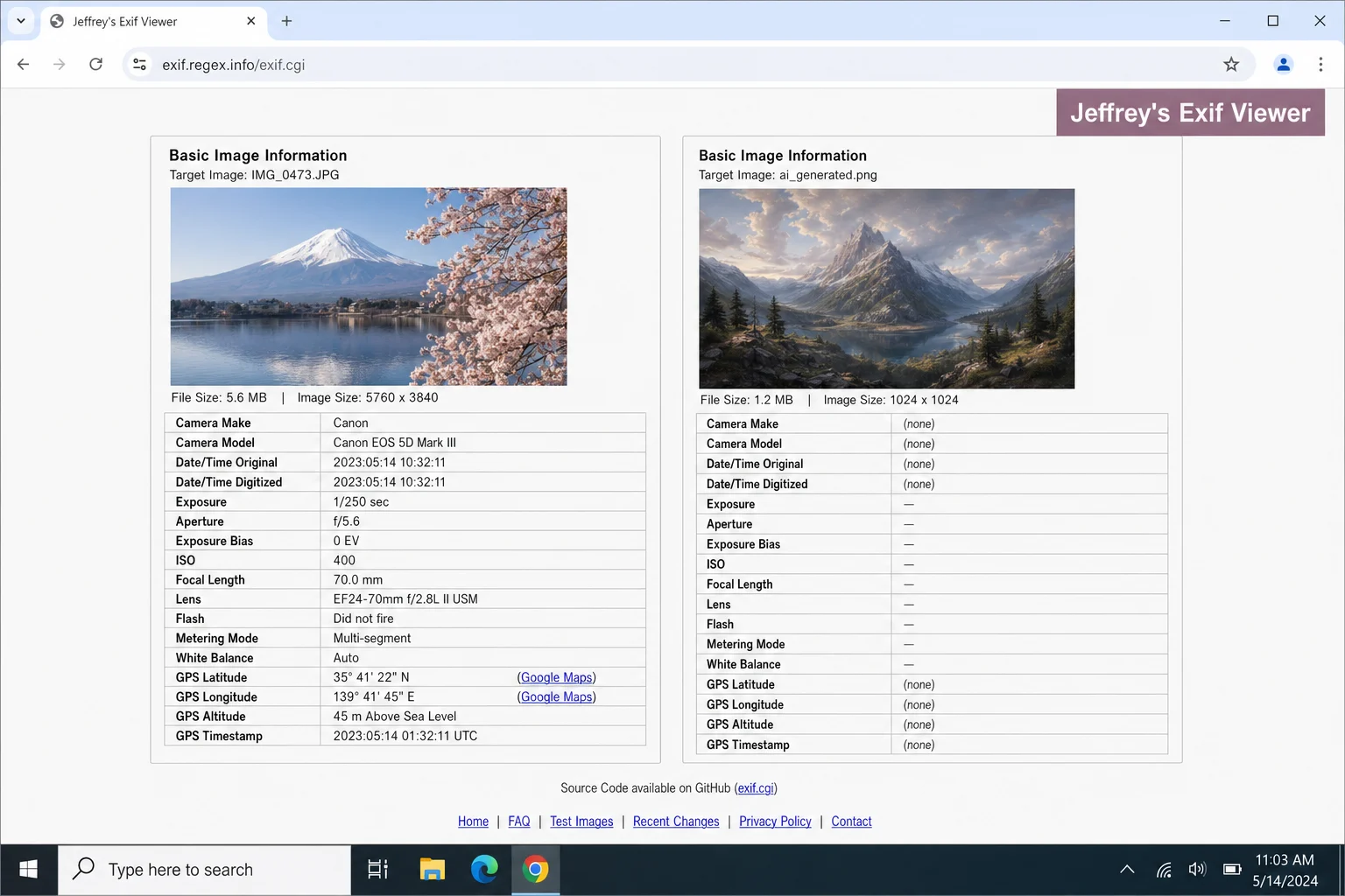 جیفری کا Exif Viewer کے نتائج کا صفحہ اصل تصویر دکھاتا ہے، میٹا ڈیٹا سے بھرپور، کیمرہ ماڈل، GPS، اور ٹائم اسٹیمپ فیلڈز کے ساتھ، اس کے برعکس خالی فیلڈز کو ظاہر کرنے والی تصویر کے برعکس۔