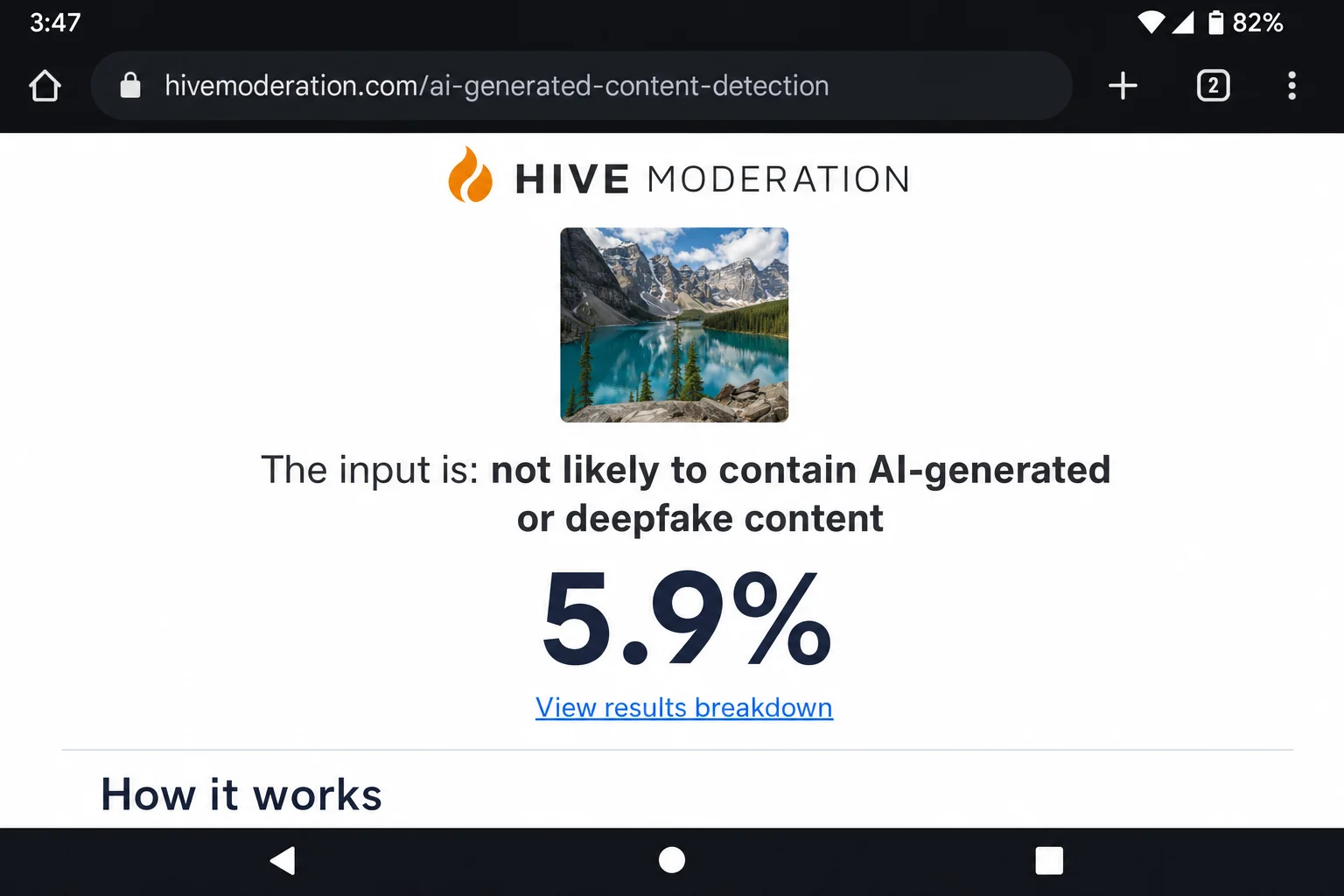Hive ثالثی کے نتائج کا صفحہ اعتماد کا سکور فیصد آؤٹ پٹ دکھا رہا ہے اور تصویری تجزیہ کے بعد حقیقی نتائج بمقابلہ تخلیق کردہ AI کا ڈسپلے