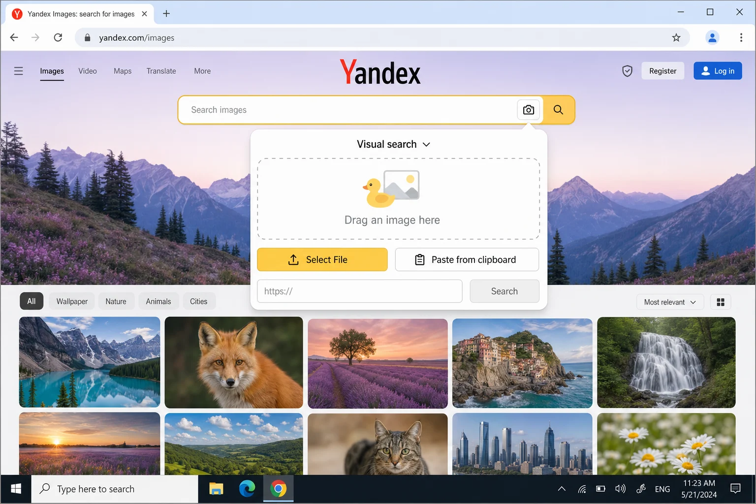 Yandex امیج سرچ انٹرفیس سرچ بار میں ایک کیمرہ آئیکن اور امیج اپ لوڈ کے اختیارات دکھاتا ہے جو آپ کے اس پر کلک کرنے پر ظاہر ہوتا ہے۔