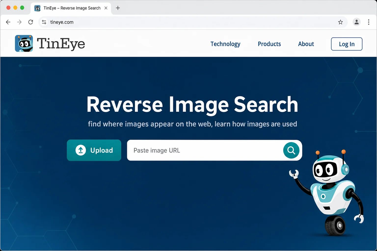 TinEye ہوم پیج امیج اپ لوڈ ڈریگ اینڈ ڈراپ ایریا اور یو آر ایل ان پٹ فیلڈ کو ساتھ ساتھ دکھا رہا ہے۔