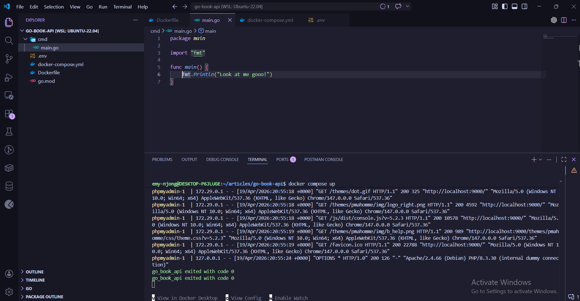 ٹرمینل IDE میں کنٹینر چلانے کا اسکرین شاٹ