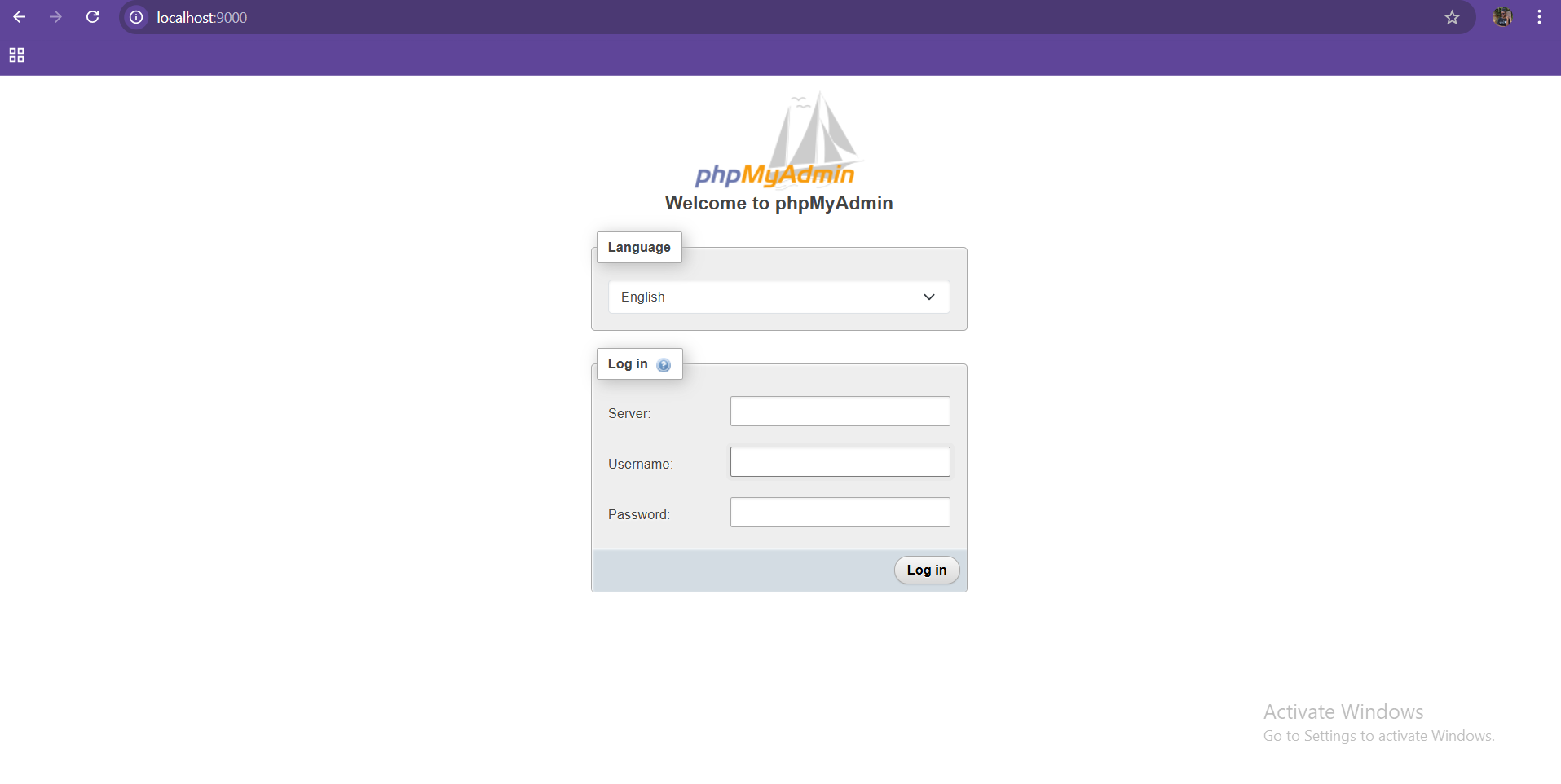 phpMyAdmin لاگ ان فارم پر مشتمل براؤزر کا اسکرین شاٹ۔