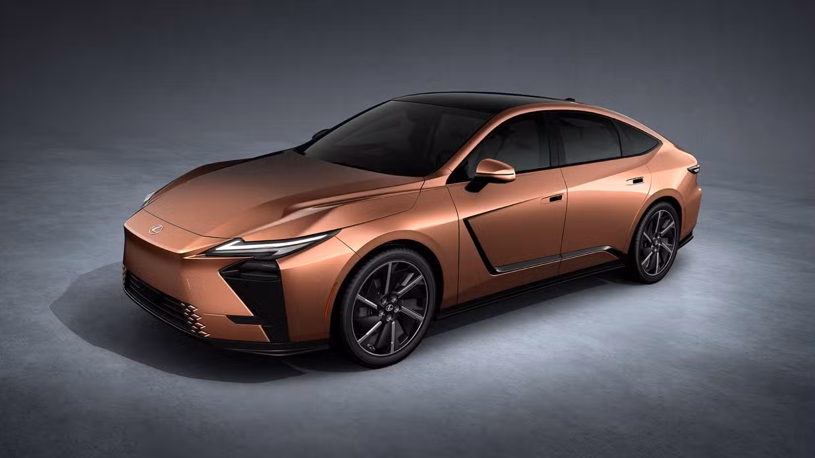 گرے اور سیاہ پس منظر والے اسٹوڈیو میں 2026 Lexus ES کا فرنٹ 3/4 شاٹ۔