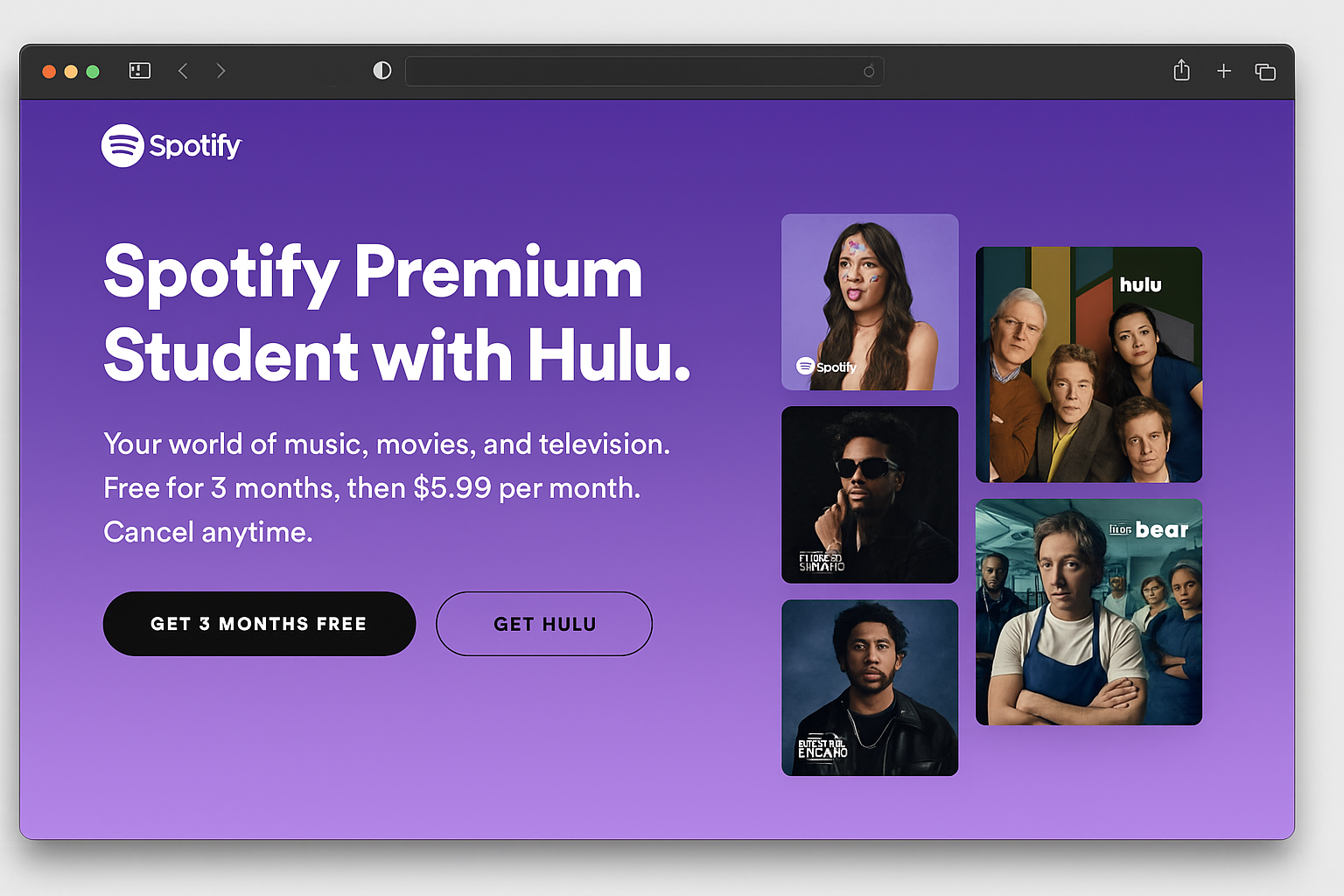 Spotify اسٹوڈنٹ ڈسکاؤنٹ لینڈنگ پیج گیٹ اسٹارٹ بٹن ہائی لائٹ کے ساتھ بنڈل آپشنز دکھا رہا ہے۔