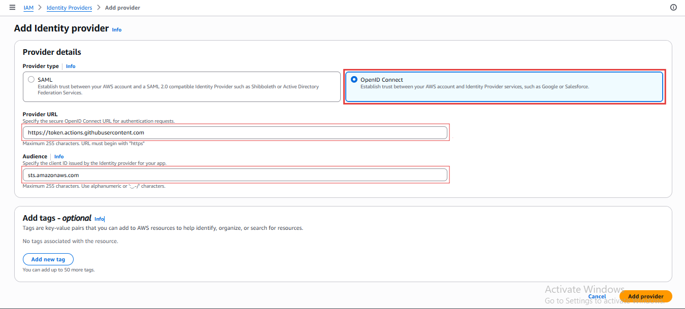 AWS IAM کنسول GitHub ایکشنز کو دکھا رہا ہے شناخت فراہم کنندہ فارم شامل کریں OIDC کے لیے تشکیل شدہ