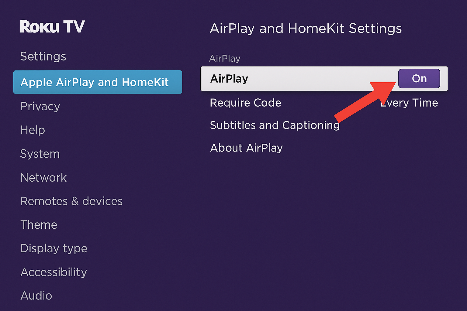 Roku سیٹنگز Apple AirPlay اور HomeKit مینو دکھا رہی ہیں جس میں AirPlay ٹوگل کو ہائی لائٹ کیا گیا ہے۔