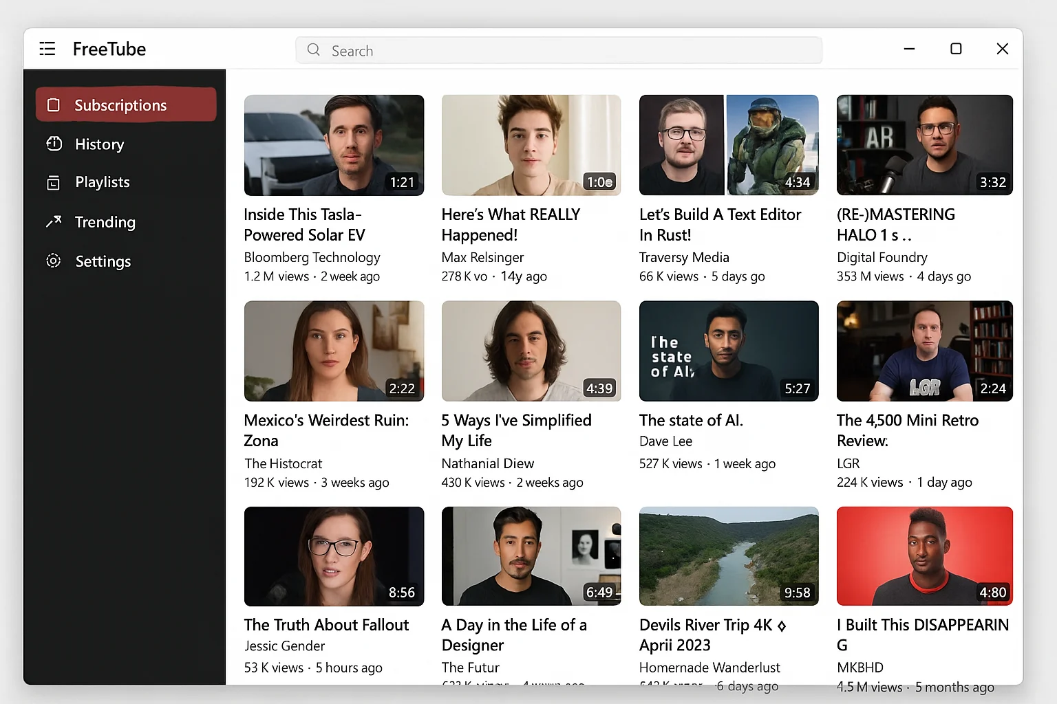 FreeTube ڈیسک ٹاپ ایپلیکیشن اشتہارات کے بغیر YouTube جیسا انٹرفیس دکھا رہی ہے۔