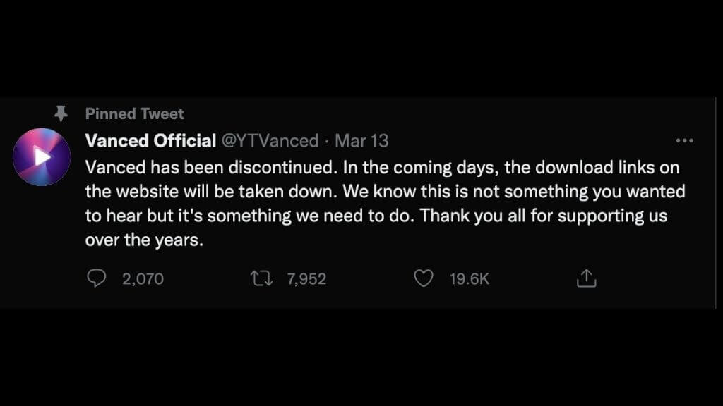 YouTube Vanced کو ختم کرنے کے بارے میں ٹویٹ۔