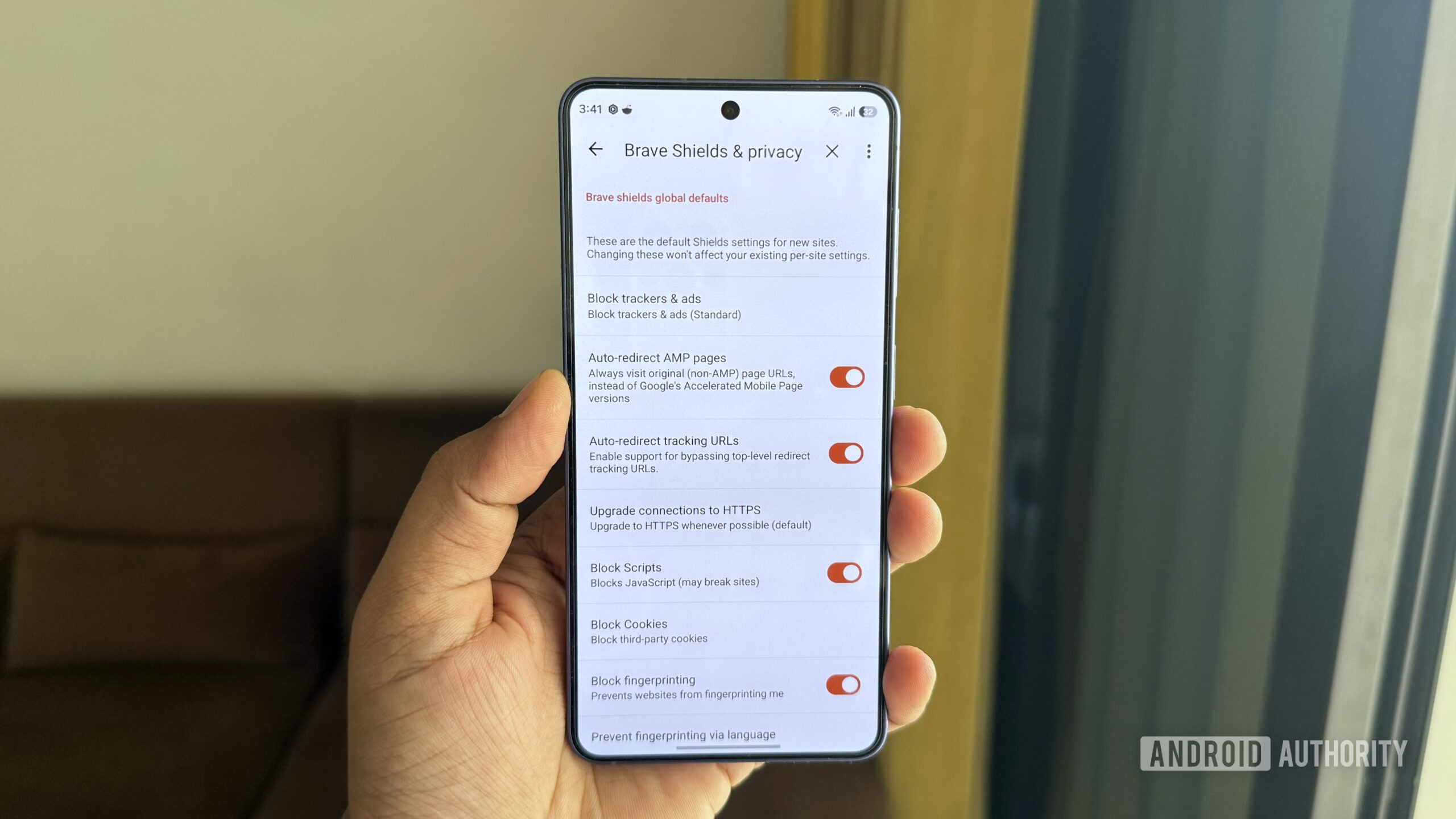 بہادر براؤزر Android پر رازداری کی ترتیبات دکھا رہا ہے۔