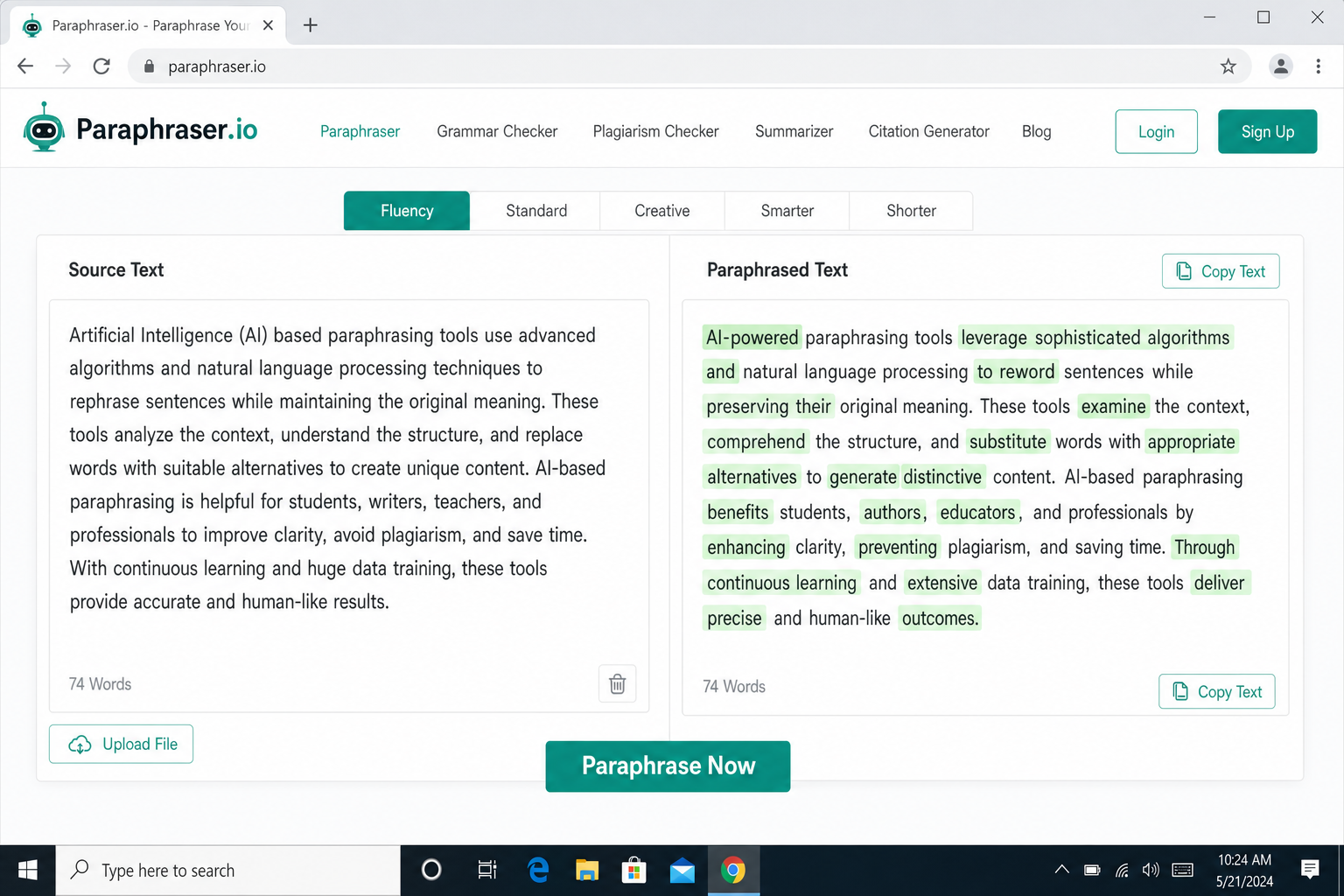 Paraphraser.io ہوم پیج paraphraser.io پر ٹیکسٹ ان پٹ ایریا دکھا رہا ہے جس میں الفاظ کی گنتی کے اشارے اور دستیاب پیرا فریسنگ موڈ کے اختیارات کو نمایاں کیا گیا ہے