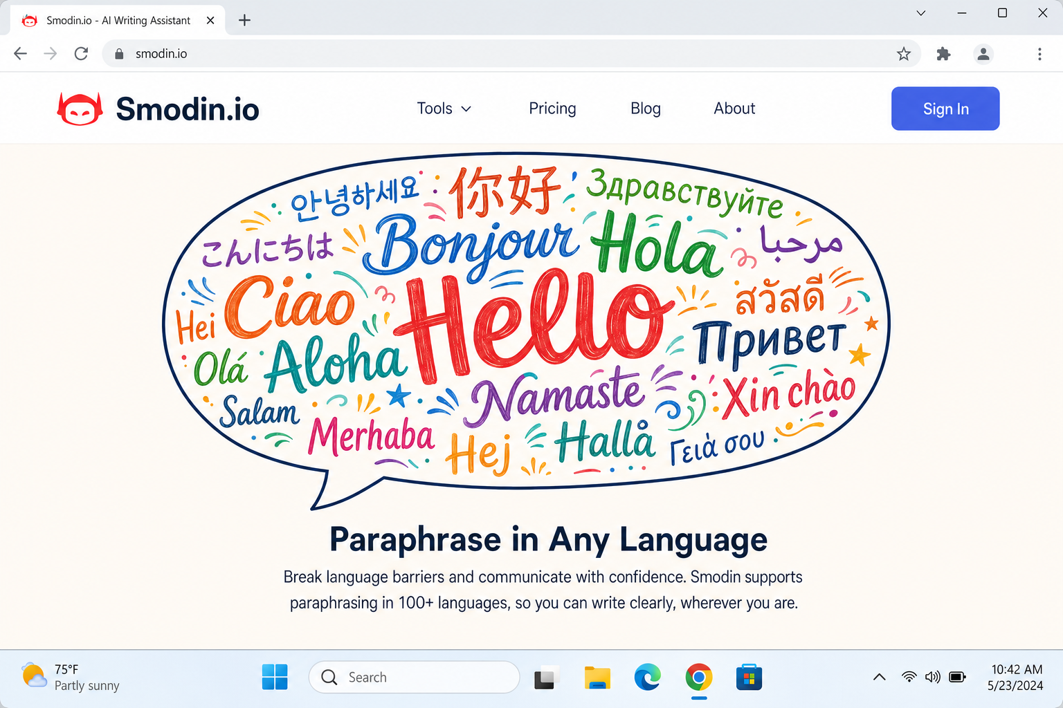 مختلف عالمی زبانوں میں متن کے ساتھ رنگین اسپیچ بلبلوں کے ساتھ Smodin.io انٹرفیس