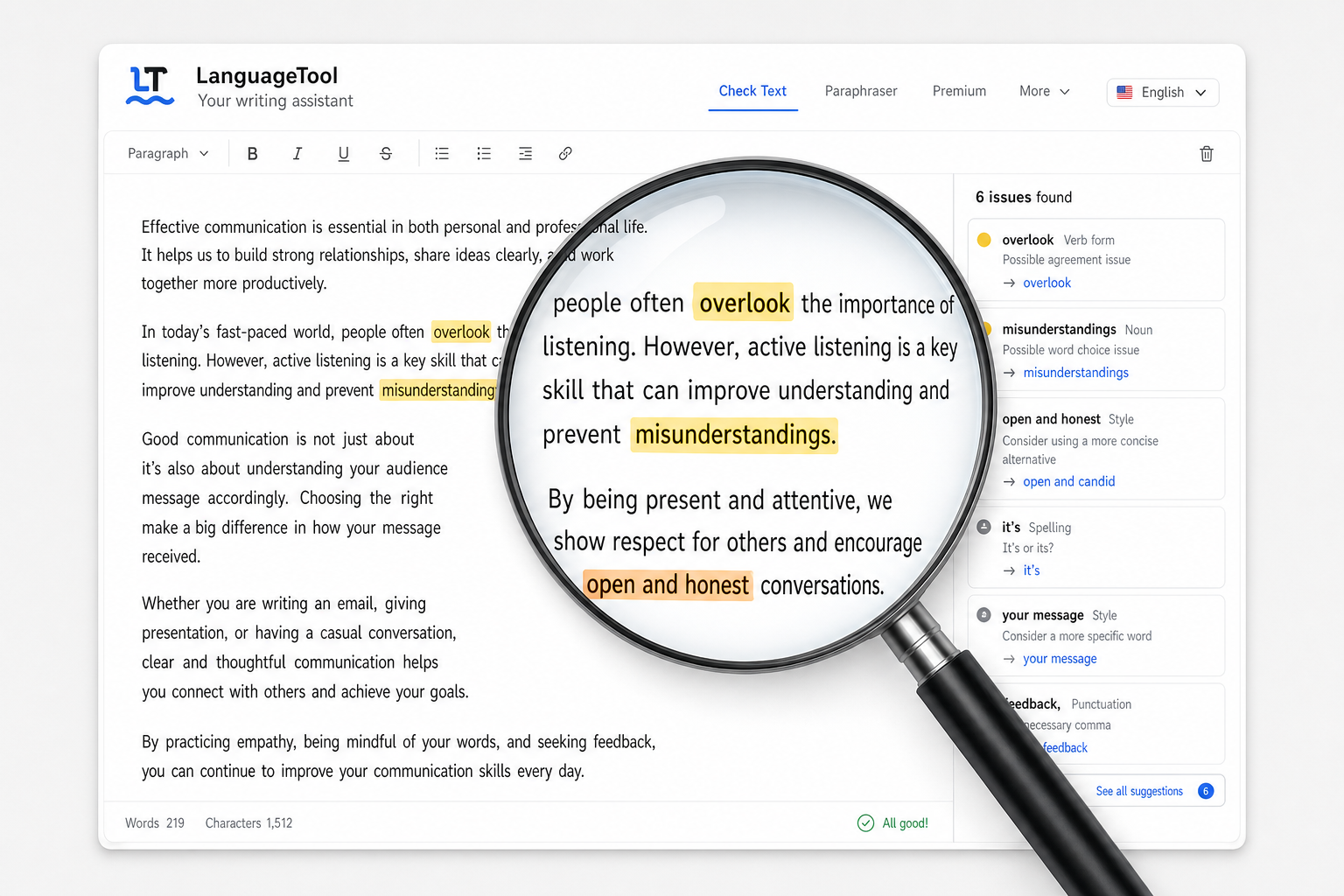 Languagetool.org انٹرفیس میگنفائنگ گلاس کے ساتھ صاف، صاف لکھے ہوئے دستاویز کے صفحے پر