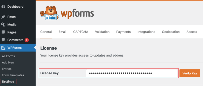 اپنی WPForms لائسنس کلید درج کریں۔