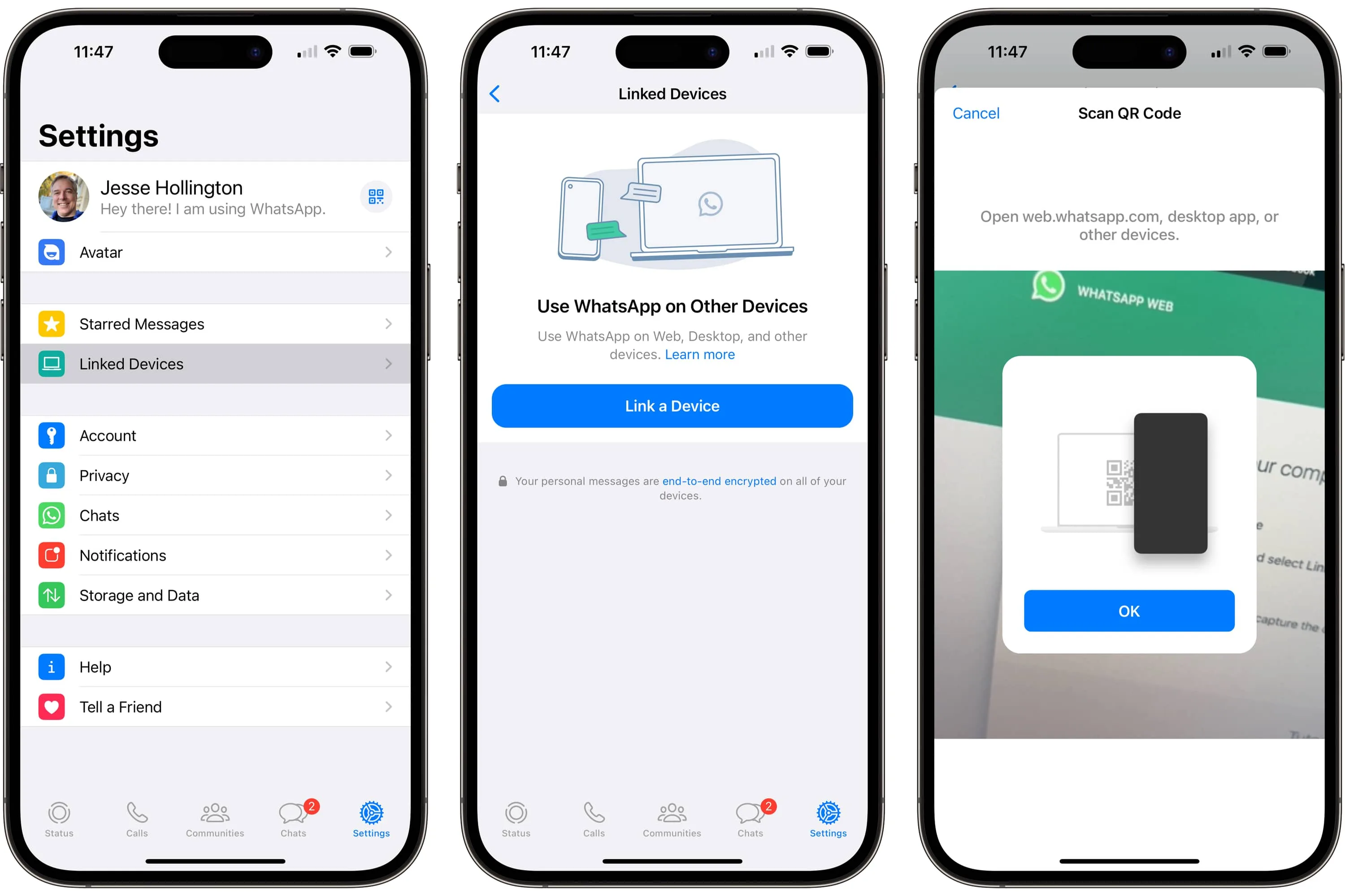 تین آئی فونز WhatsApp کو کسی دوسری ایپ یا ویب سائٹ سے منسلک کرنے کے اقدامات دکھا رہے ہیں۔