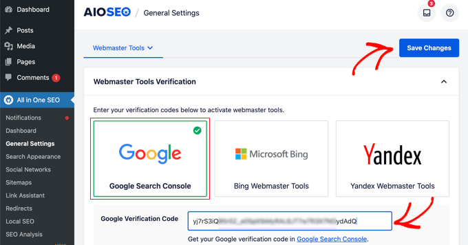 AIOSEO کے ویب ماسٹر ٹولز