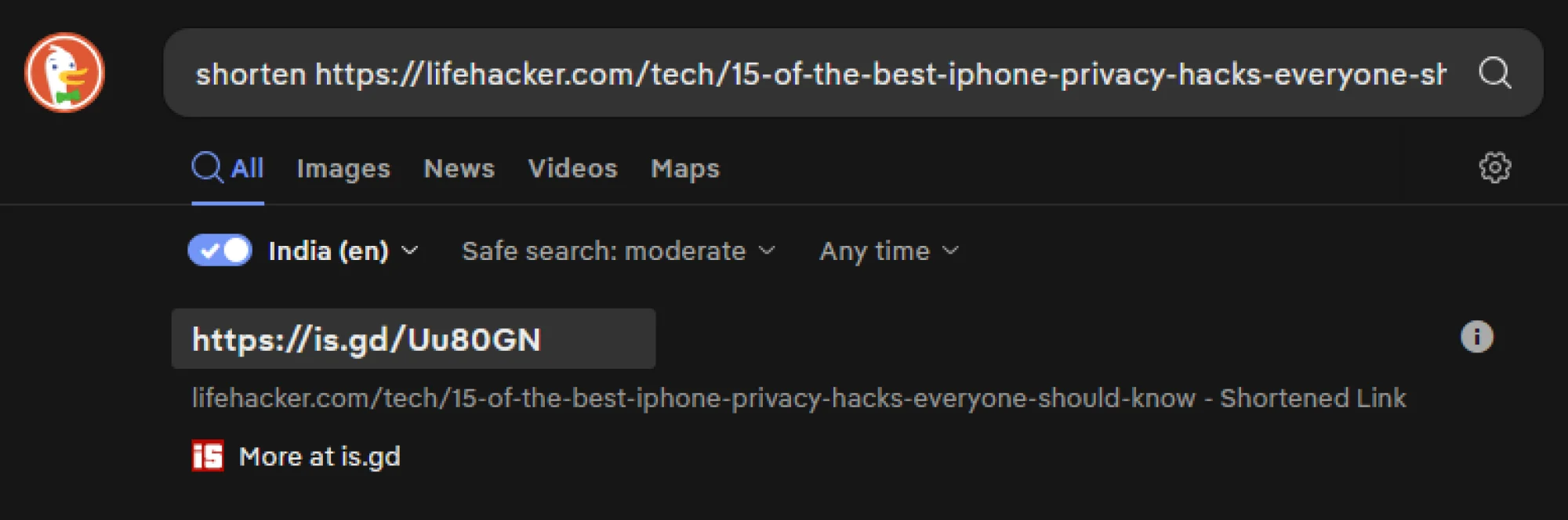 DuckDuckGo کے ساتھ URLs کو مختصر کریں۔