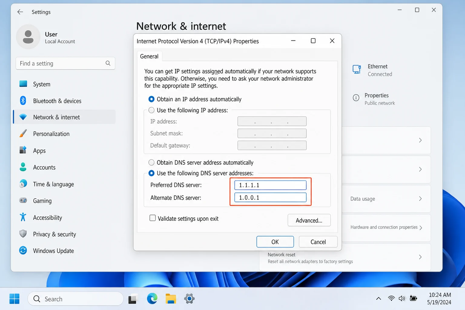DNS کے لیے گیمرز کی حتمی گائیڈ: 2026 میں تیز تر رابطے 4 Windows 11 TCP/IPv4 پراپرٹیز ڈائیلاگ DNS سرورز کے ساتھ فیلڈ کو نمایاں کیا گیا اور Cloudflare ایڈریس درج کیا گیا۔