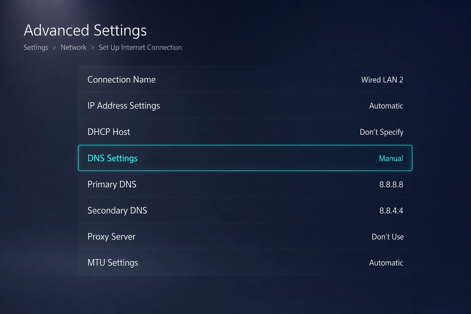 DNS کے لیے گیمرز کی حتمی گائیڈ: 2026 میں تیز تر رابطے 8 PlayStation 5 نیٹ ورک کی ترتیبات پرائمری اور سیکنڈری DNS سرور فیلڈز کا استعمال کرتے ہوئے دستی DNS کنفیگریشن دکھا رہی ہیں۔