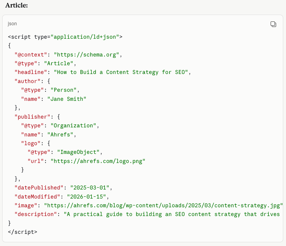 JSON-LD میں آرٹیکل اسکیما کی مثال