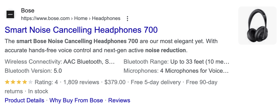 Google تلاش کے نتائج میں پروڈکٹ کا اسکیما کس طرح ظاہر ہوتا ہے اس کی ایک مثال پروڈکٹ کی قیمتوں، جائزوں اور خصوصیات کو ظاہر کرتی ہے۔