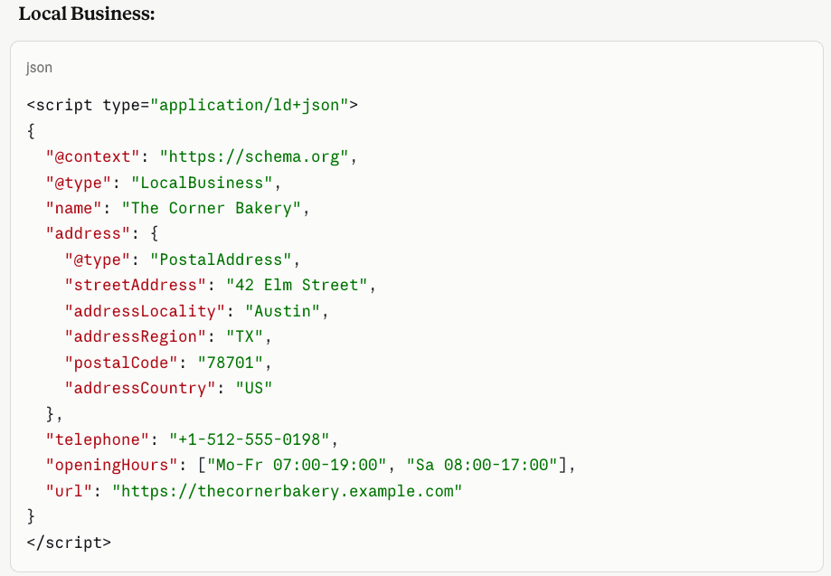 JSON-LD میں مقامی کاروباری اسکیما کی مثال