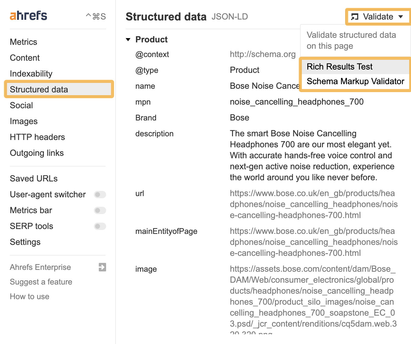 Ahrefs کے SEO ٹول بار کے ذریعے JSON-LD سکیما کو ظاہر کرنے والا سٹرکچرڈ ڈیٹا 
