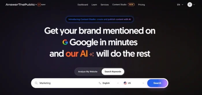 عوامی پلیٹ فارم سلیکٹر کو جواب دیں، جو درج ذیل آپشنز دکھاتا ہے: Google، Bing، Amazon، YouTube، TikTok، اور Instagram۔