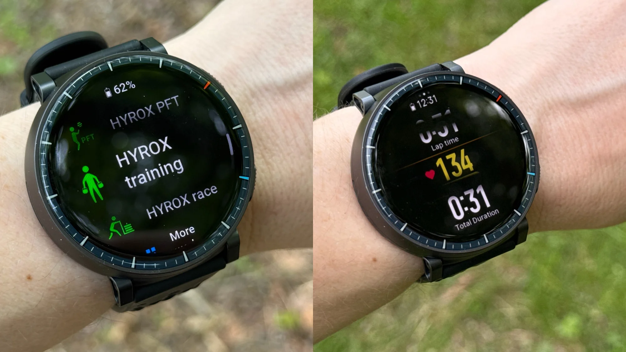 Amazfit Active Max دکھا رہا ہے Hyrox ٹریننگ سلیکشن موڈ اور ورزش جاری ہے۔