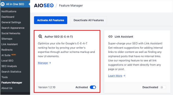 AIOSEO میں مصنف SEO فیچر کو فعال کریں۔