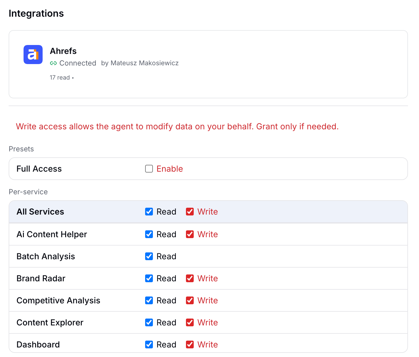 Ahrefs Enterprise کے لیے ایک متحد پینل جو تشخیصی زمروں جیسے Ai Content Assistant، Placement Analytics، اور Brand Radar کے لیے پڑھنے اور لکھنے کے قابل رسائی اختیارات کی تفصیلات فراہم کرتا ہے۔