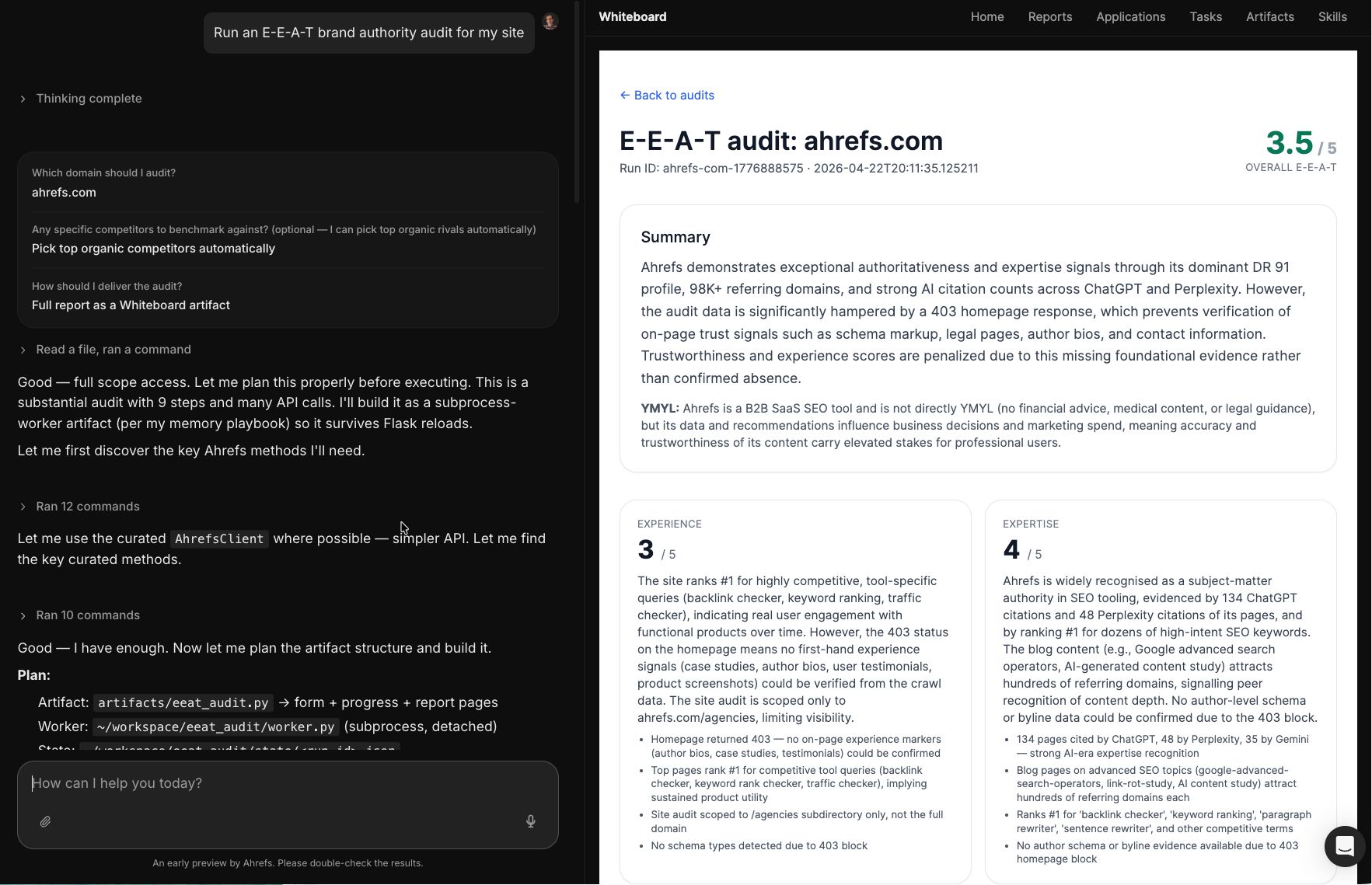 ahrefs.com کے لیے انٹرایکٹو EEAT سائٹ اتھارٹی کا جائزہ لینے والا صفحہ اسے 5 میں سے 3.5 کی مجموعی درجہ بندی دیتا ہے، کلیدی متن کے تجزیہ کارڈز کی مدد سے جو مقامی تجربے، مہارت، اور مصنف کی اسناد کے نتائج کو ممتاز کرتے ہیں۔ ایجنٹ اے کی سکرین
