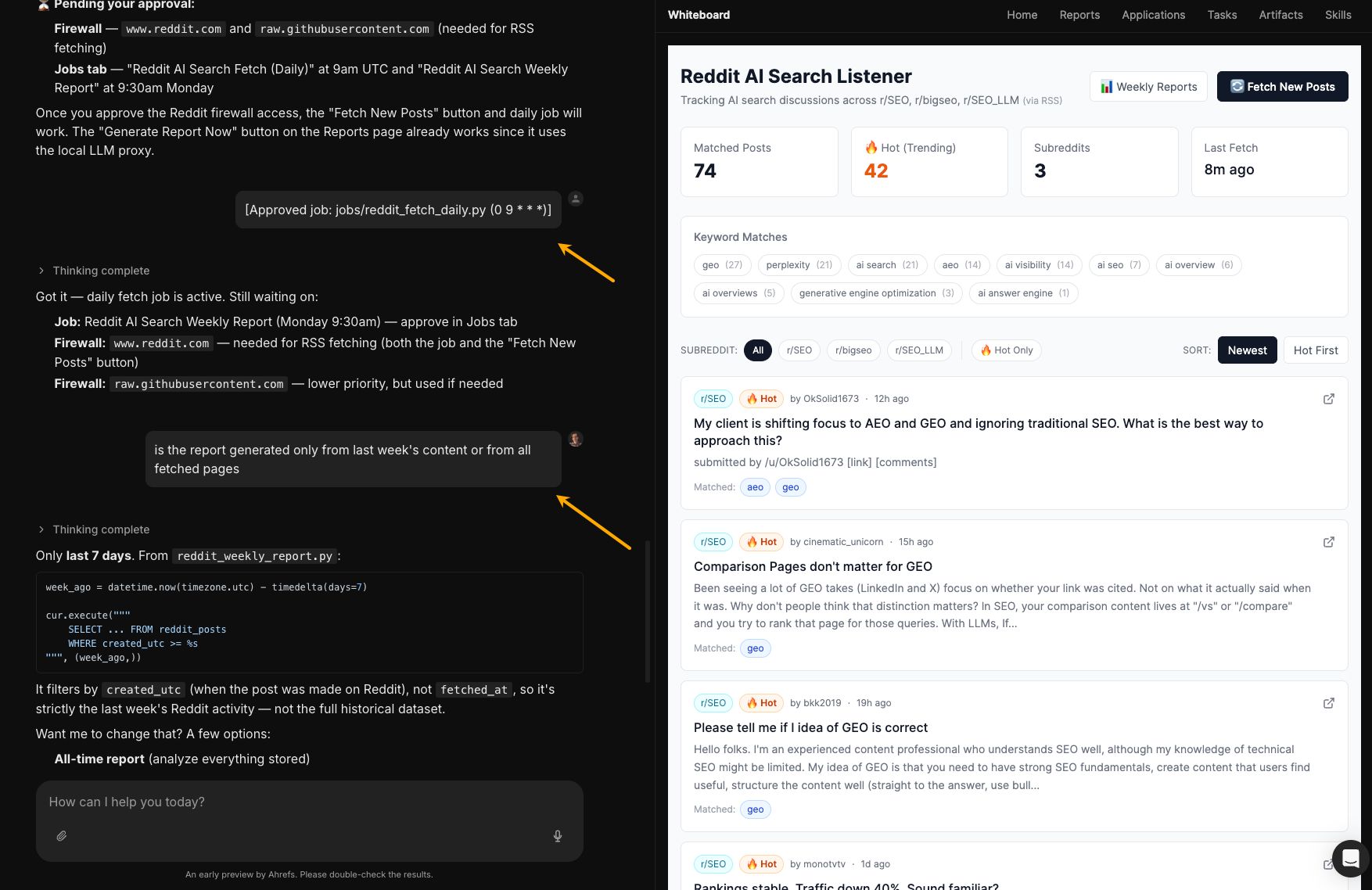 ایک Reddit AI تلاش سننے والا انٹرایکٹو مرکز جو متعلقہ صنعت کے تذکروں کے لیے والیوم کارڈز دکھاتا ہے اور ساتھ ہی r/SEO جیسے subreddits سے ٹارگٹڈ مواد فیڈ اسٹریمنگ فلٹر شدہ کمیونٹی کے سوالات۔