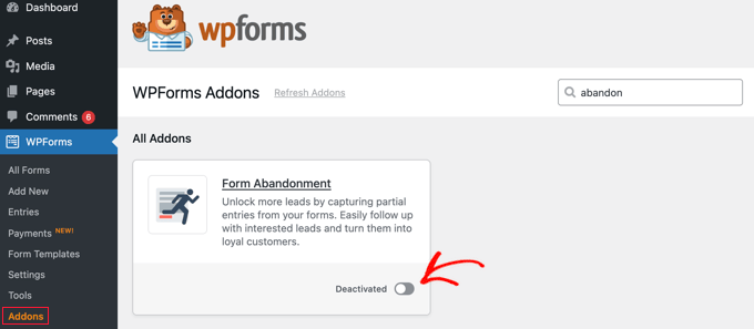 WPForms فارم ترک کرنے کا اضافہ