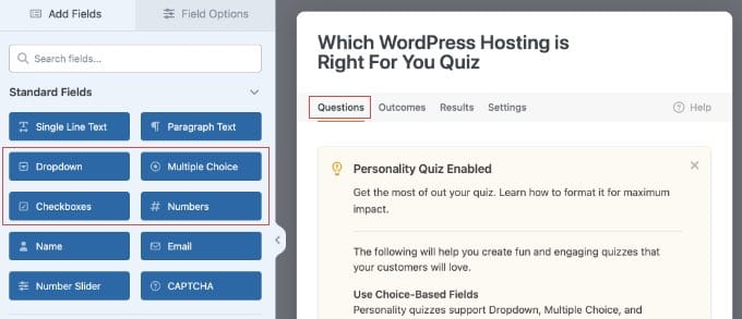 WPForms میں سوالات کے ٹیب کا استعمال کرتے ہوئے کوئز فیلڈز شامل کریں۔