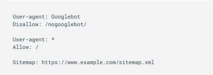 Robots.txt فائل کو کیسے بنائیں اور آپٹمائز کریں۔ 5 مثال کے طور پر robots.txt اصول جو Googlebot کو www.example.com پر ان تمام ویب صفحات کو کرال کرنے کی اجازت دیتا ہے جن میں /nogooglebot/ URL سلگ نہیں ہے۔
