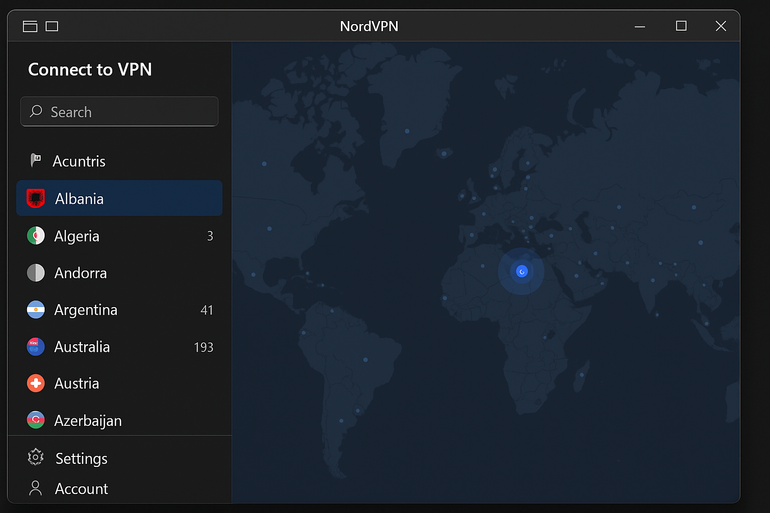 البانیہ سرور کے ساتھ NordVPN ایپ منتخب اور منسلک ہے۔