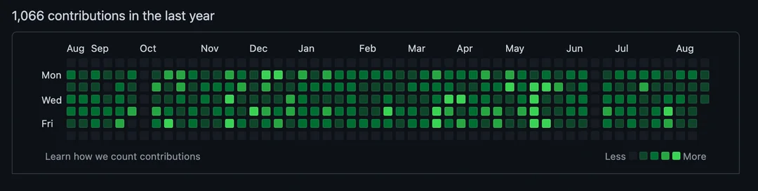 GitHub کنٹری بیوشن گراف سال بھر میں باقاعدہ کمٹ کے ساتھ 12 مہینوں میں مسلسل سرگرمی دکھاتا ہے۔
