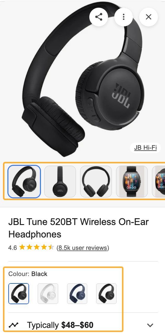 Google تلاش کے نتائج میں پروڈکٹ ڈیٹیل کارڈز ان فیلڈز کو ظاہر کر سکتے ہیں جو آپ کے سکیما سے منسلک ہیں۔